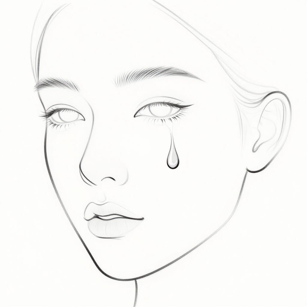 Minimal Face Contour With Single Tear Drop - Pure Line Art