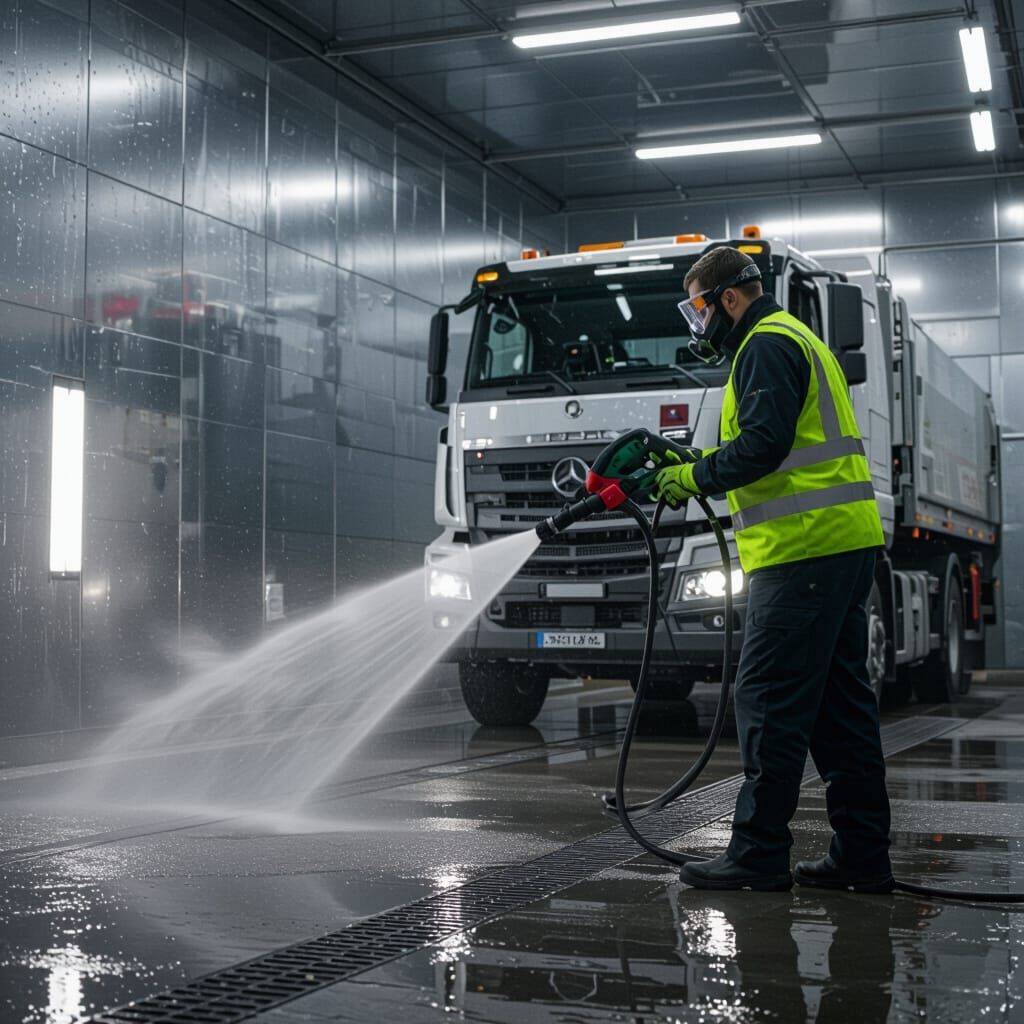 Truck Washbay Cleaning in Hyperrealistic Style