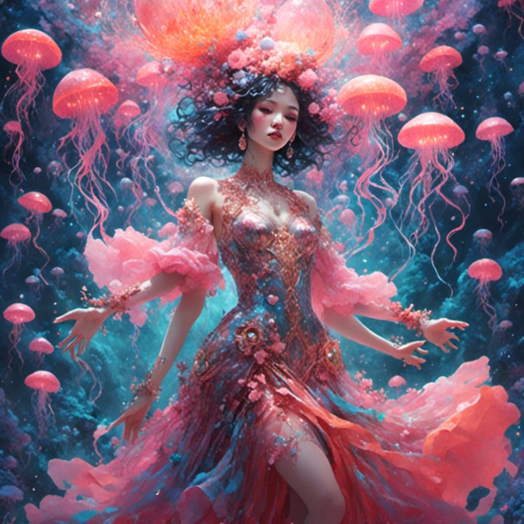 Jellyfish Dancer in Silk Dress: Dreamy Darkness