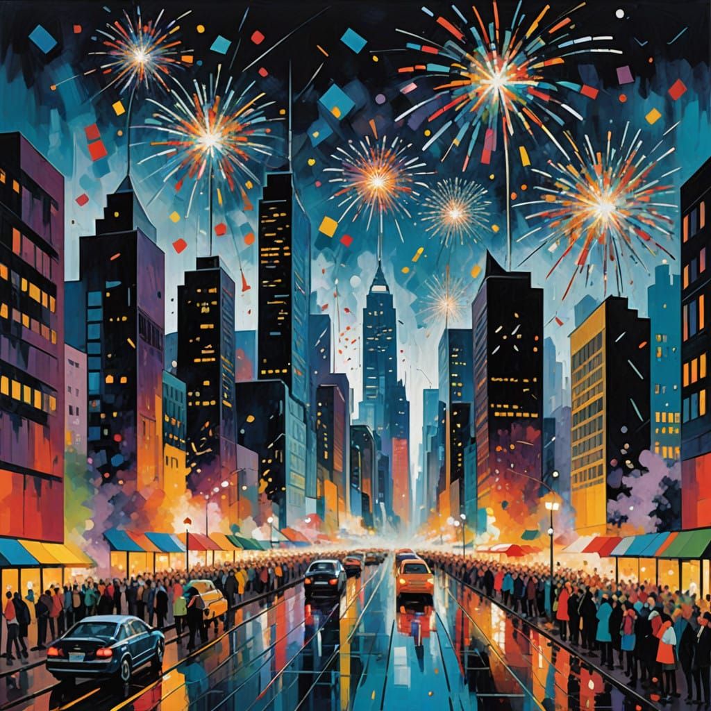 Fireworks over a cityscape on New Year's Eve
