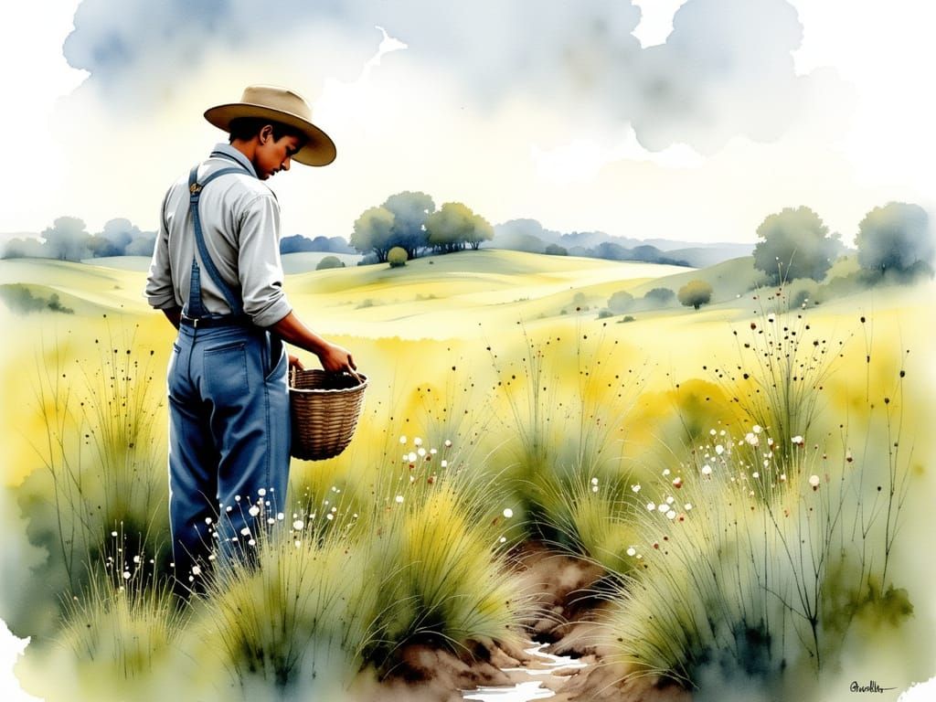 Farmer Tending Plants in Watercolor Field