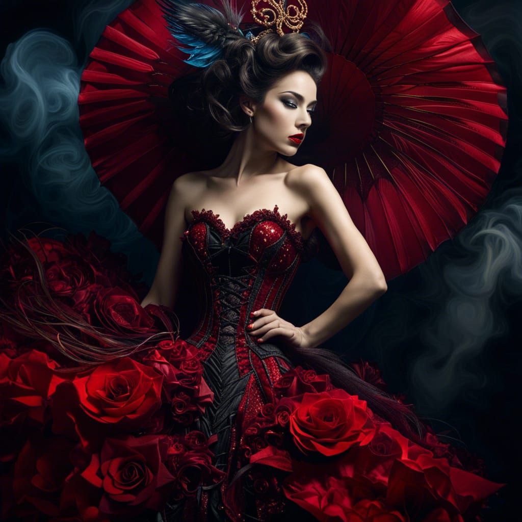 Woman in Moulin Rouge Dress, Dark Oil Splash Style