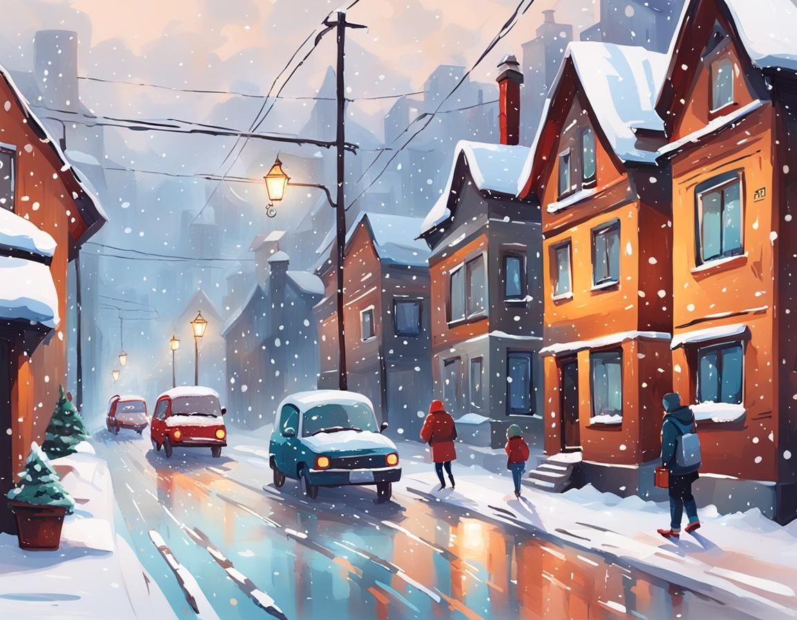 Snowy Street Scene in Vibrant Winter Colors