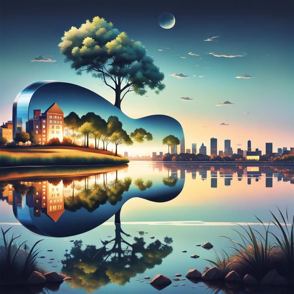 Surreal Riverbank at Dusk - Guitar Optical Illusion