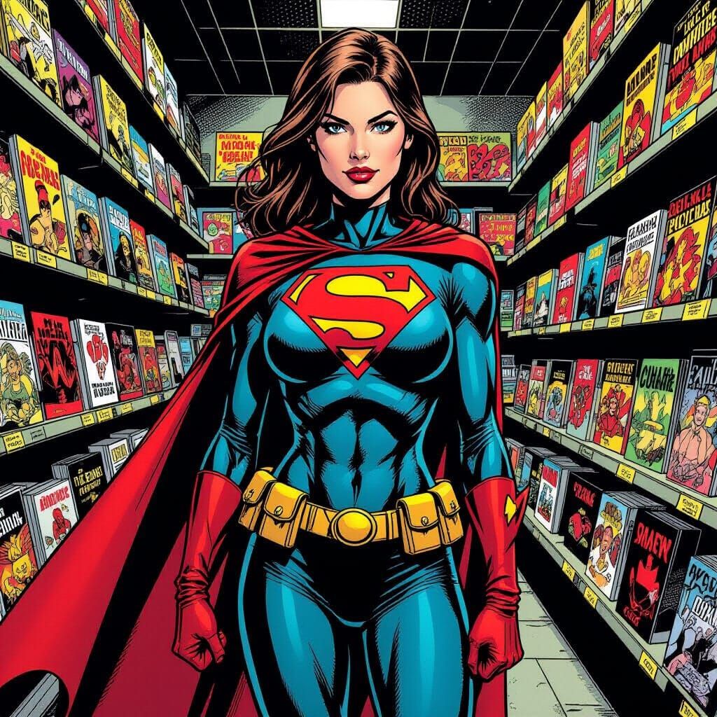 Woman in Spandex Costume in Comic Book Store
