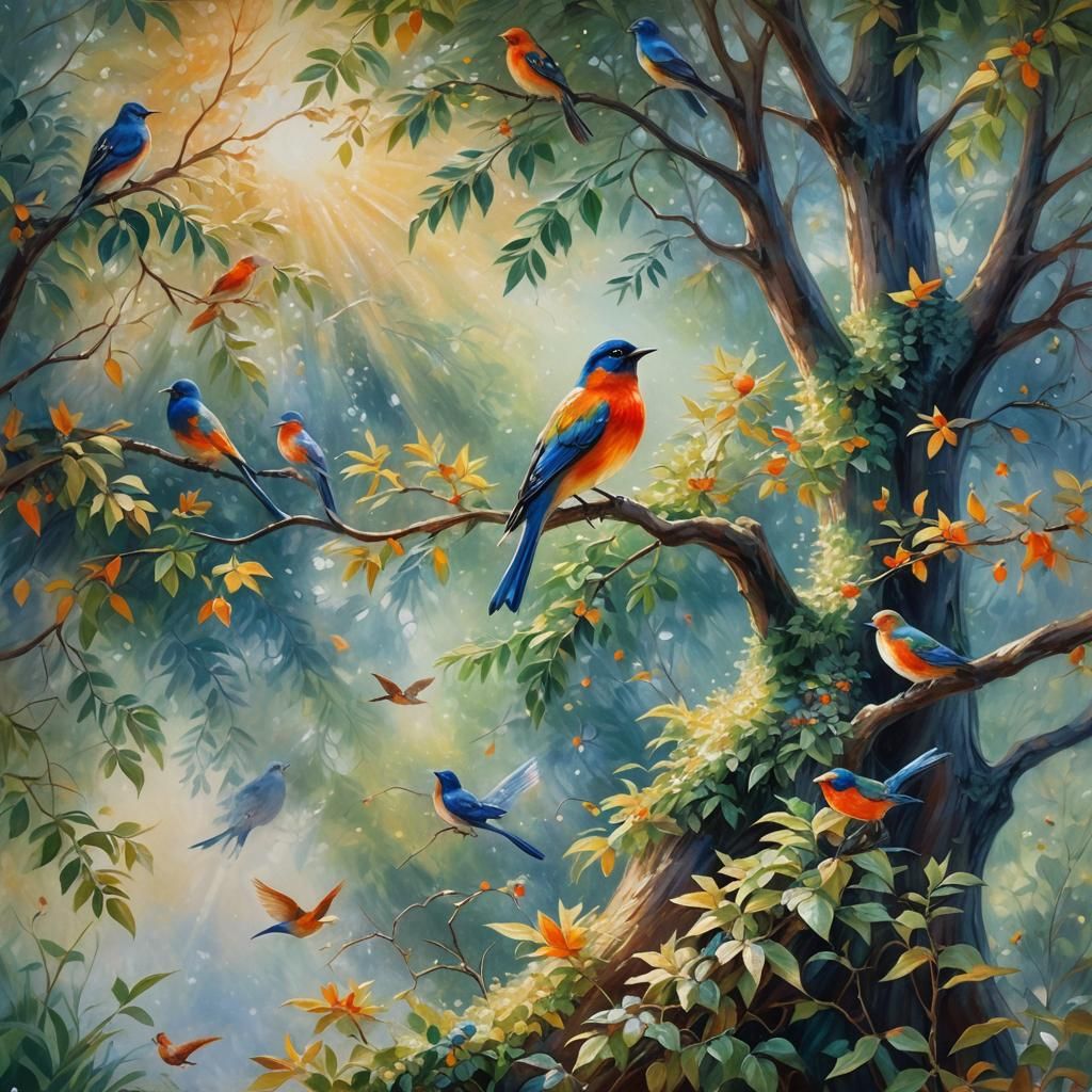 Colorful Summer Tree with Birds in Impressionist Style