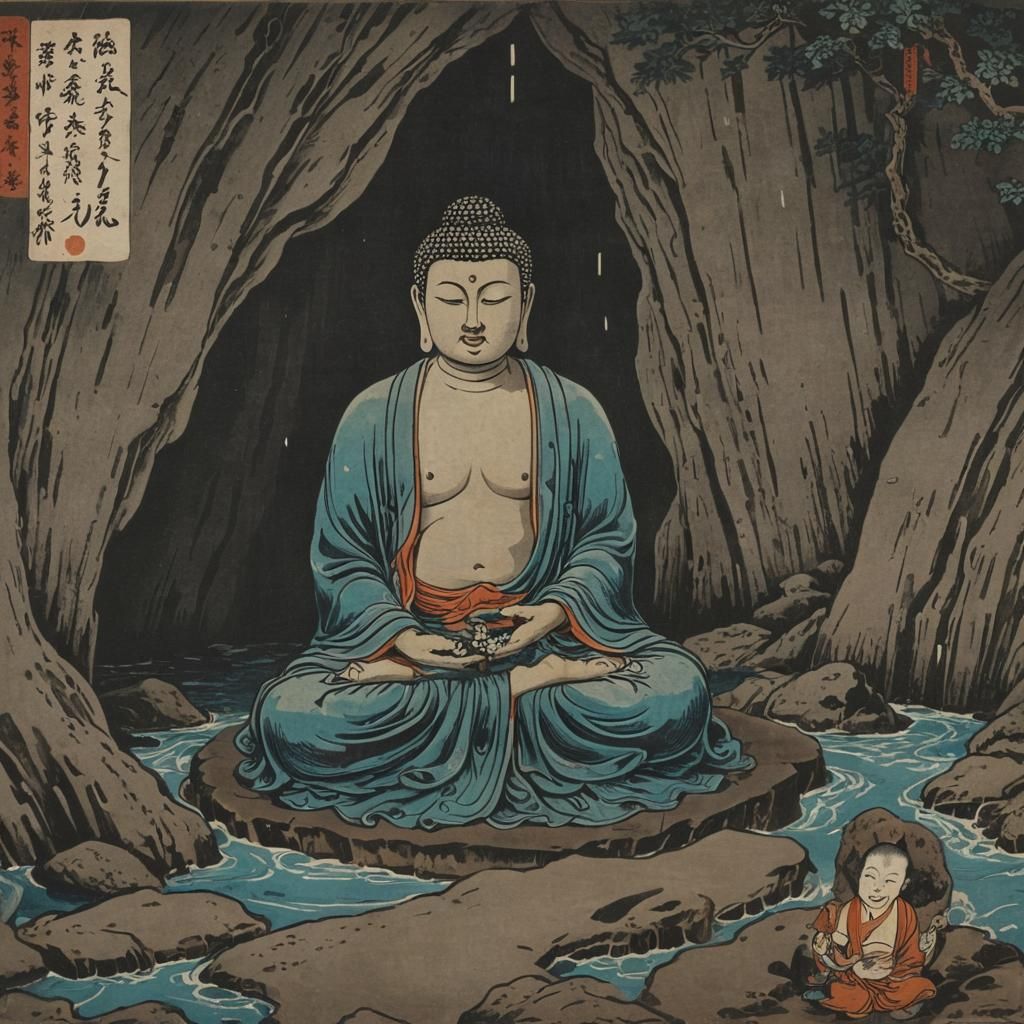 Buddha in Cave: Folk Art Woodblock Print