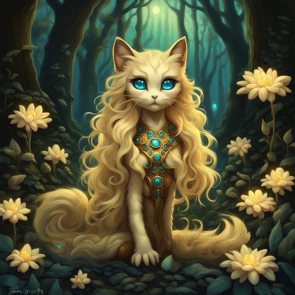 Adorable Feline in Eerie Forest, Fantasy Art