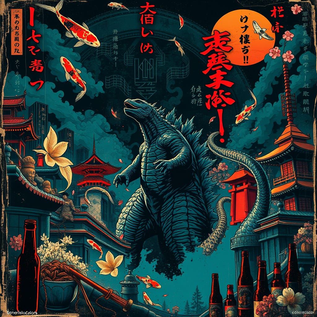 Godzilla in Japanese Noir Scene, Vintage Poster Art