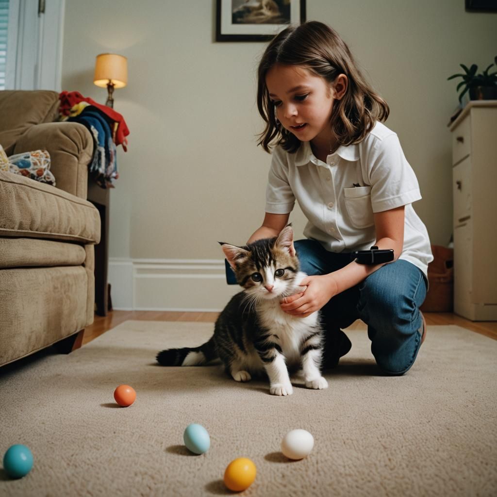 Girl and Kitten Hatching in Apartment, Cinematic Still