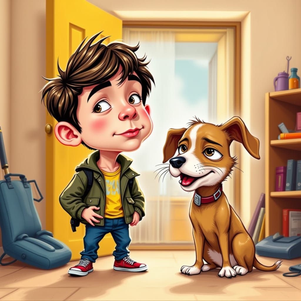 Boy and Funny Dog in House Caricature