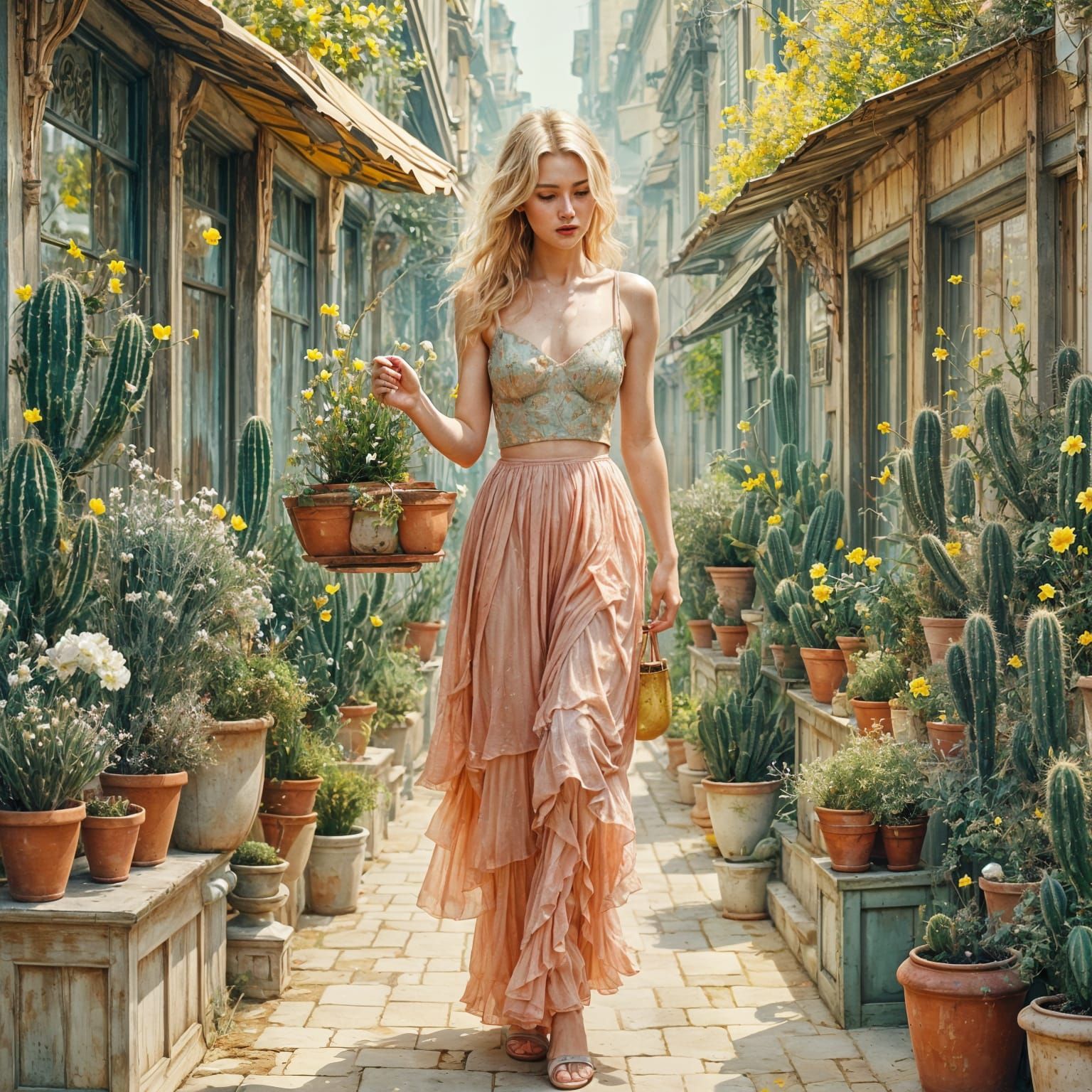 Porcelain Woman with Cactus in Shimmering Bazaar