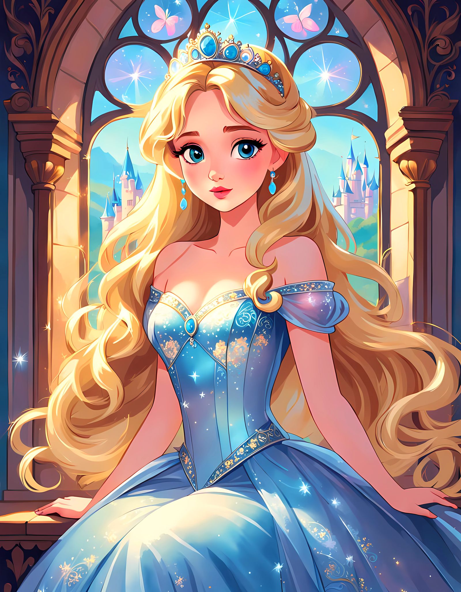 Elegant Fairytale Princess at Castle Window