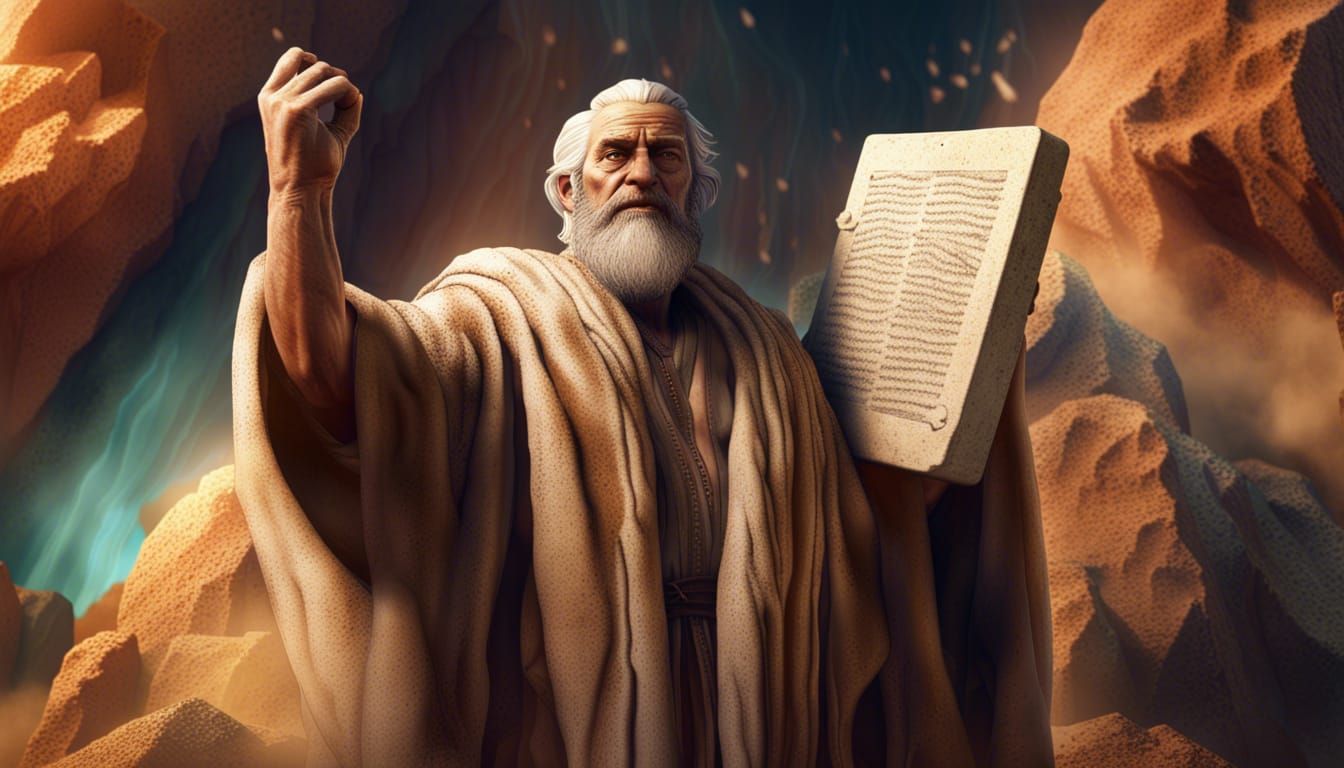 Moses holding up 10 commandments written in stone ,real stone ,real sand,real world look ,super real,ultra real,real wor...