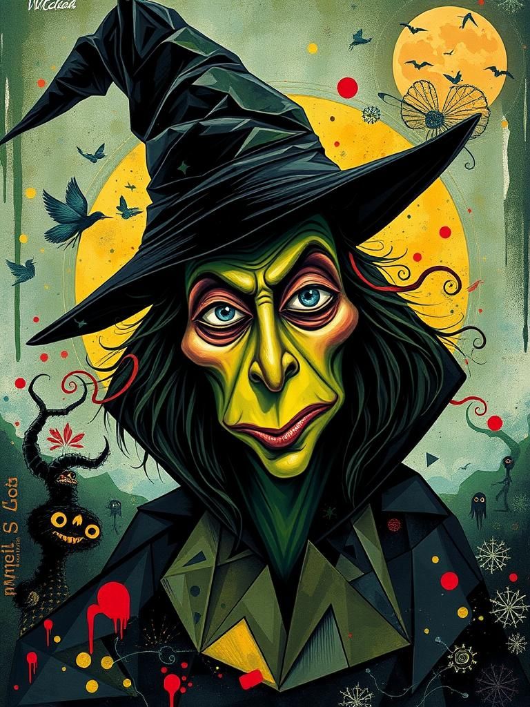 Scribble art cubist facets, oblong faces, wicked witch of the west, diamond-shaped bodies, surreal and uncanny atmospher...