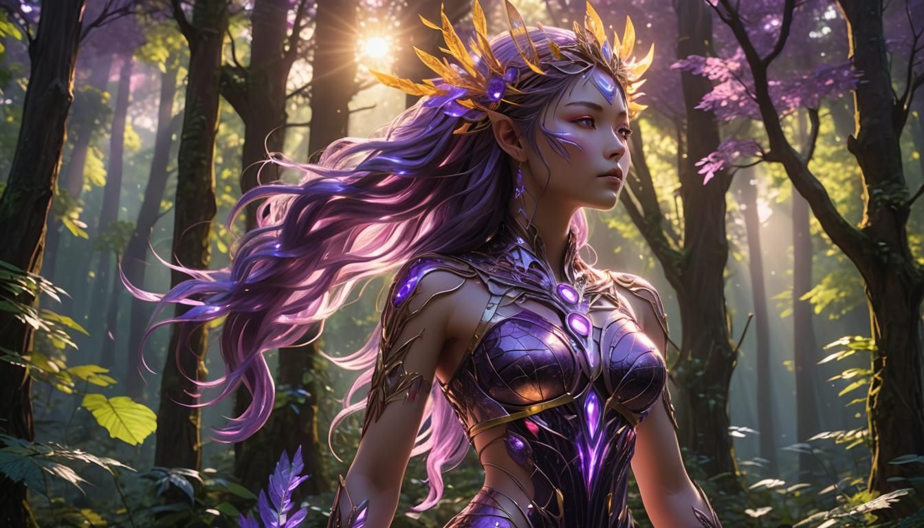 Forest Sun Goddess with Neon Aura: Anime 3D Art