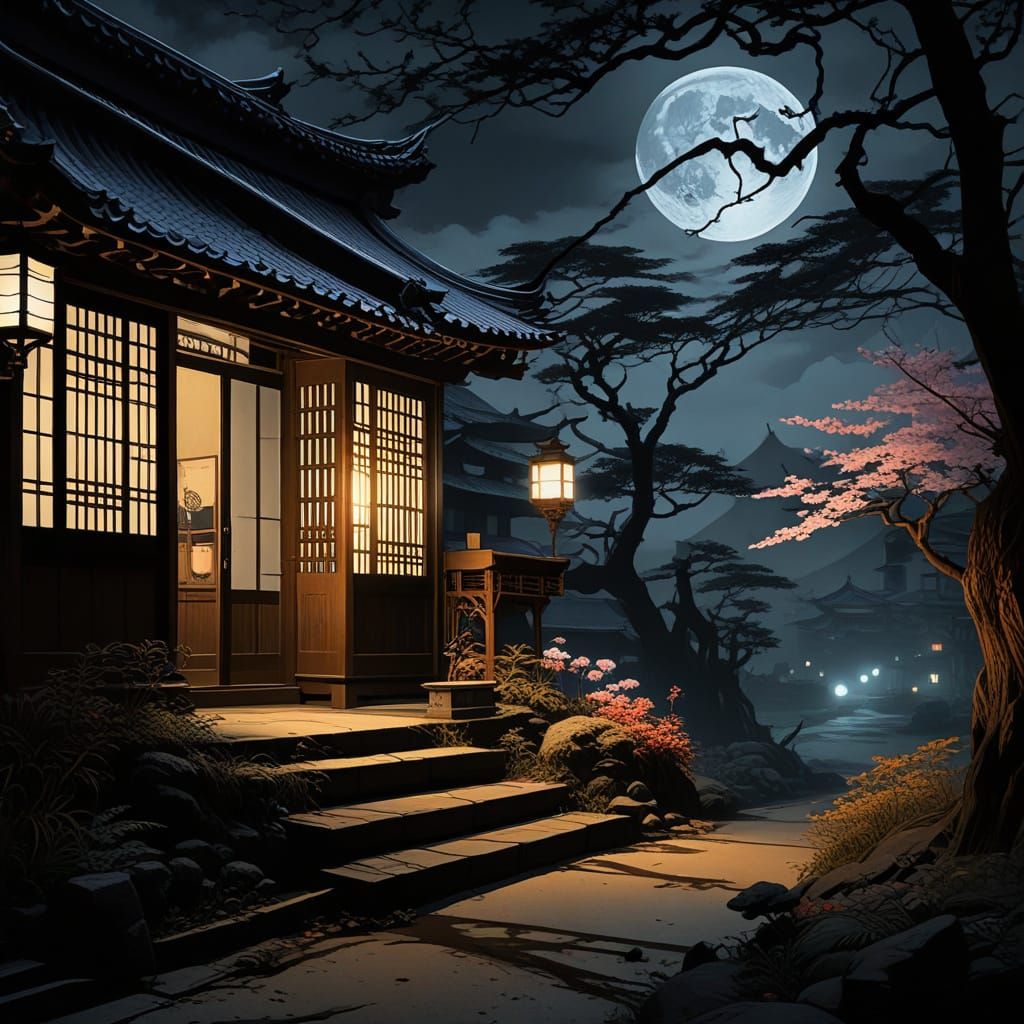 Eerie Nocturnal Garden: Ukiyo-e Woodblock Print