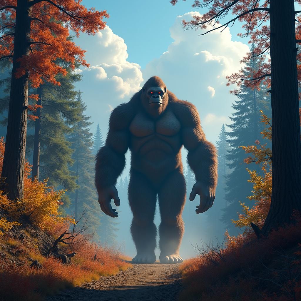 Bigfoot in Autumnal Oregon Forest: Fantasy Matte Painting