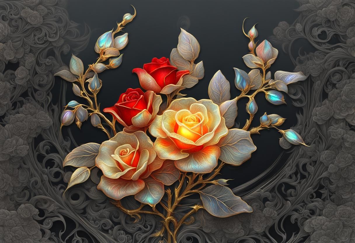 Iridescent Roses in Glass Art Style