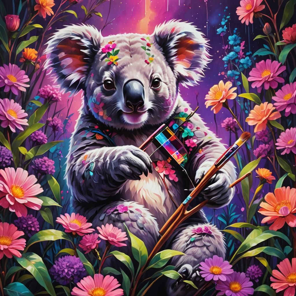 Koala's Synthwave Oil Painting in Floral Garden