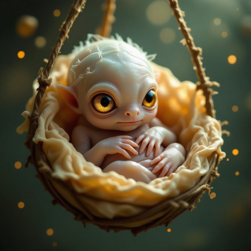 Newborn Creature in Amber Mist: Cinematic Film Still