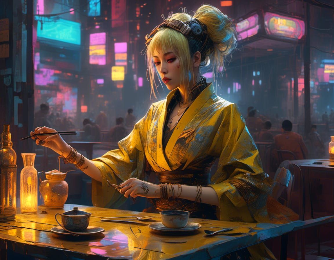Cyberpunk Samurai Tea Ceremony in Neon City