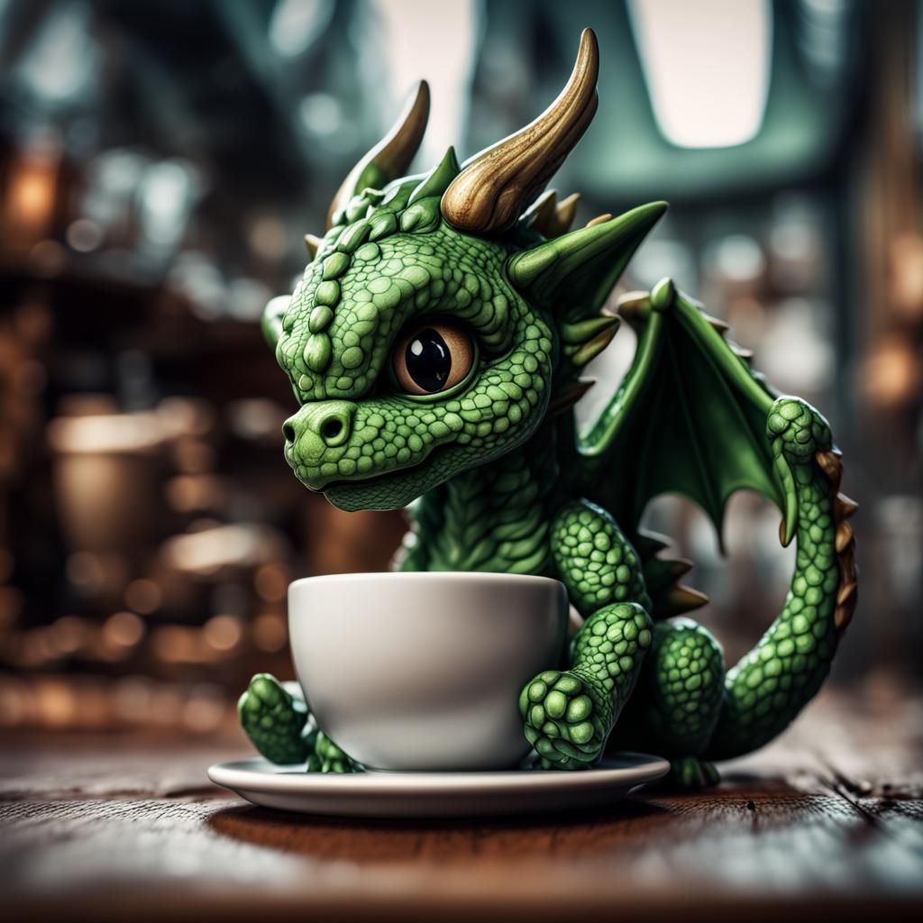 Cute Chibi Green Dragon with Coffee