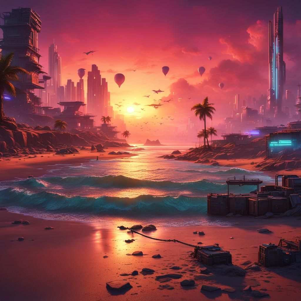 Cyberpunk Beach at Sunset in Detailed Digital Art