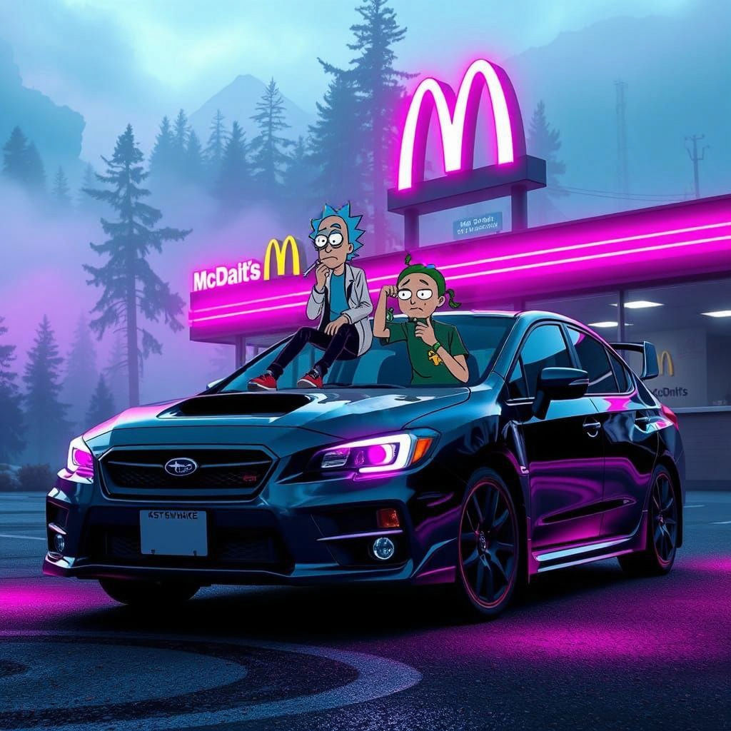 Dark Grey WRX Impreza Meets Rick and Morty in Neon Mountains