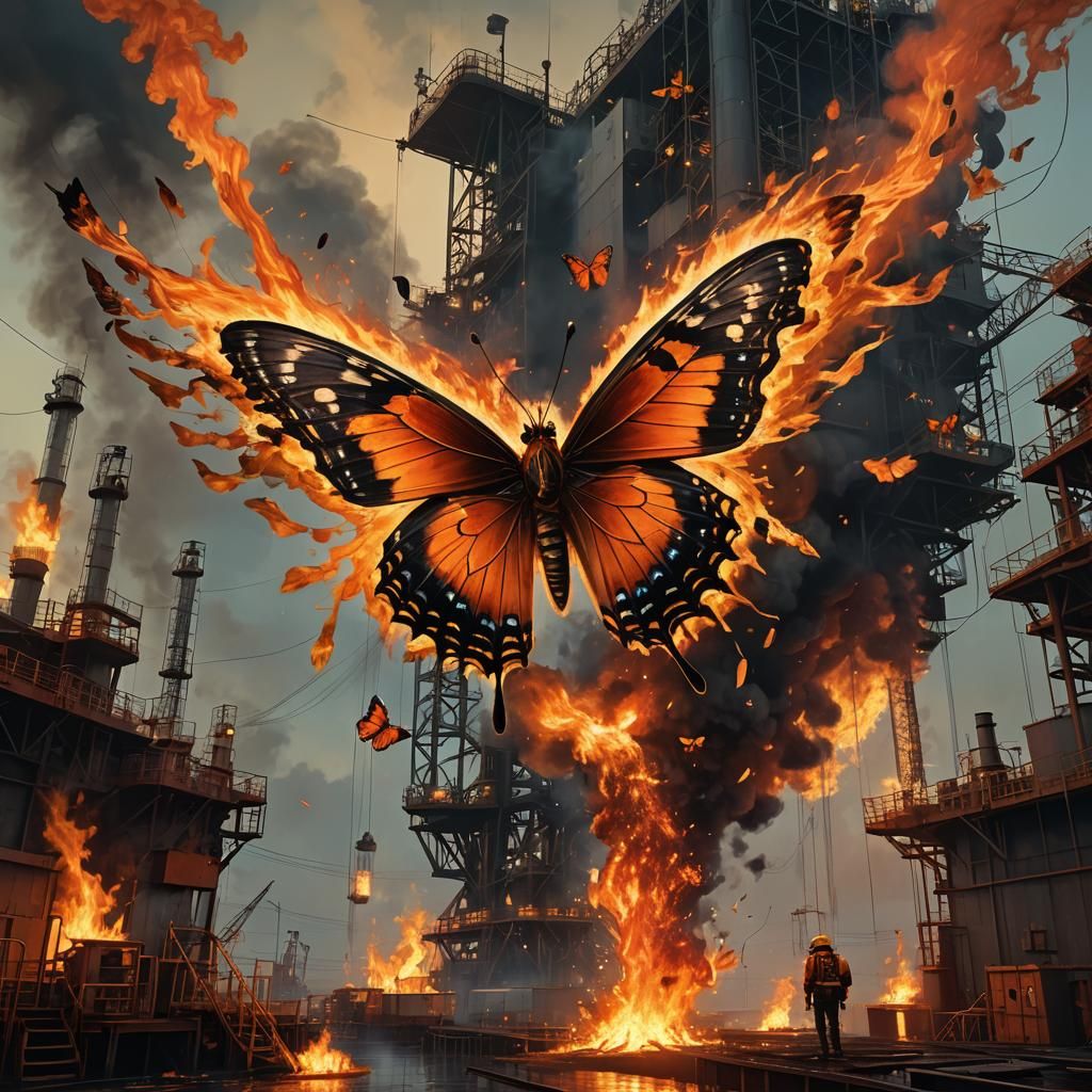 Flaming Butterfly Near Oil Platform: Surreal Digital Art