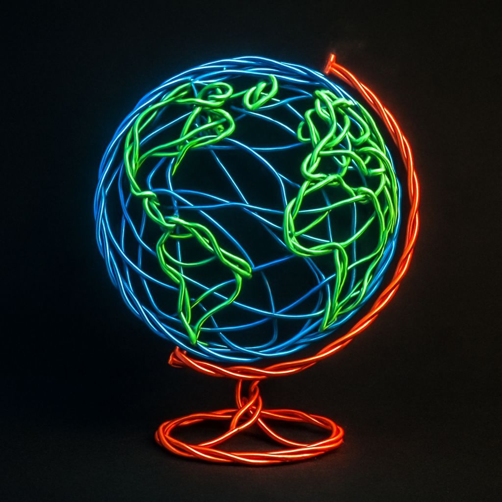 Neon Wire Globe Sculpture in a Modern Style