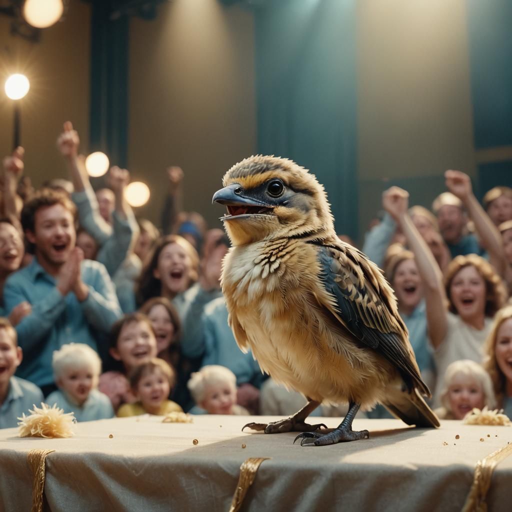 Triumphant Baby Bird on Stage in Hyper-Realism