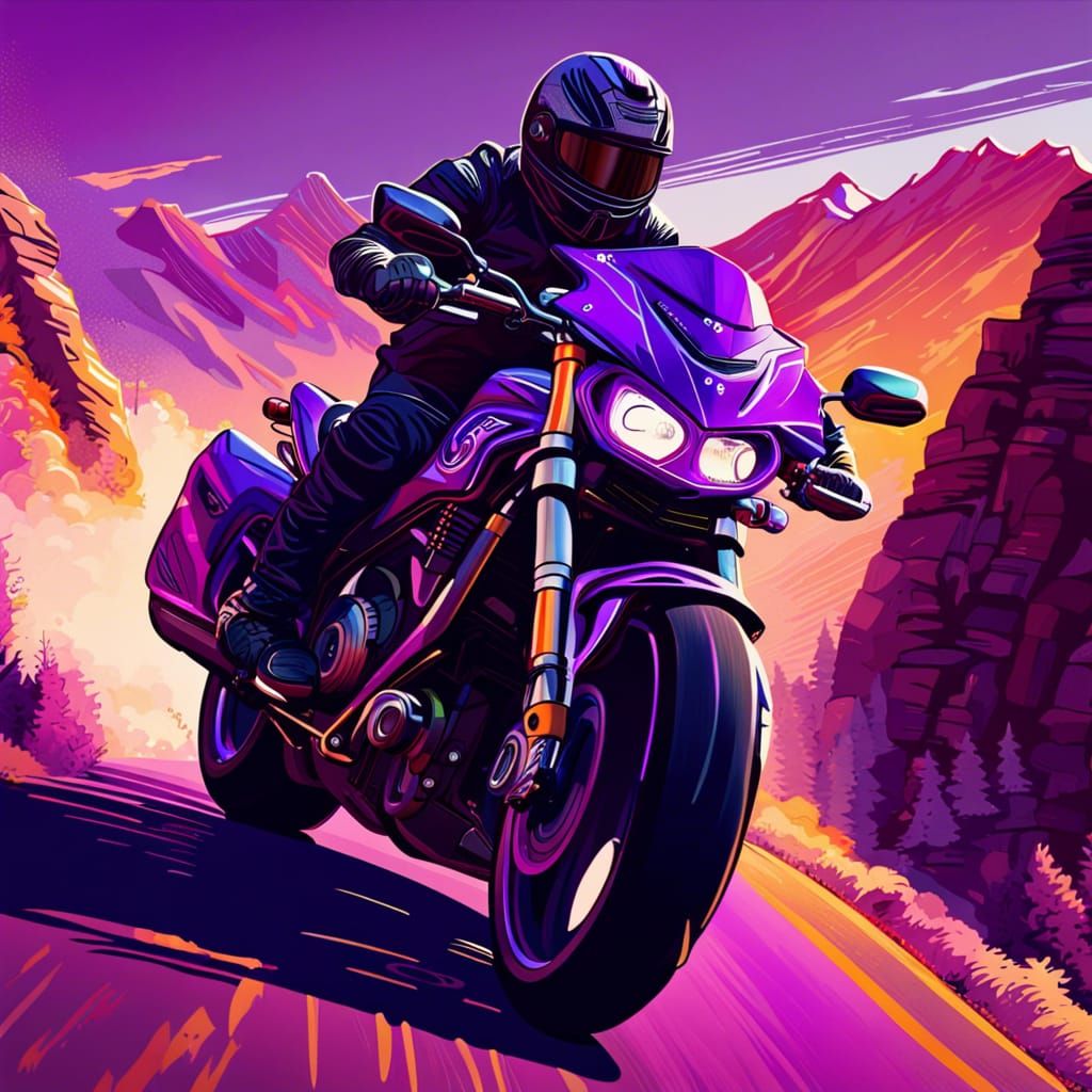 Purple Motorcycle Rides Colorado Mountains at Sunset
