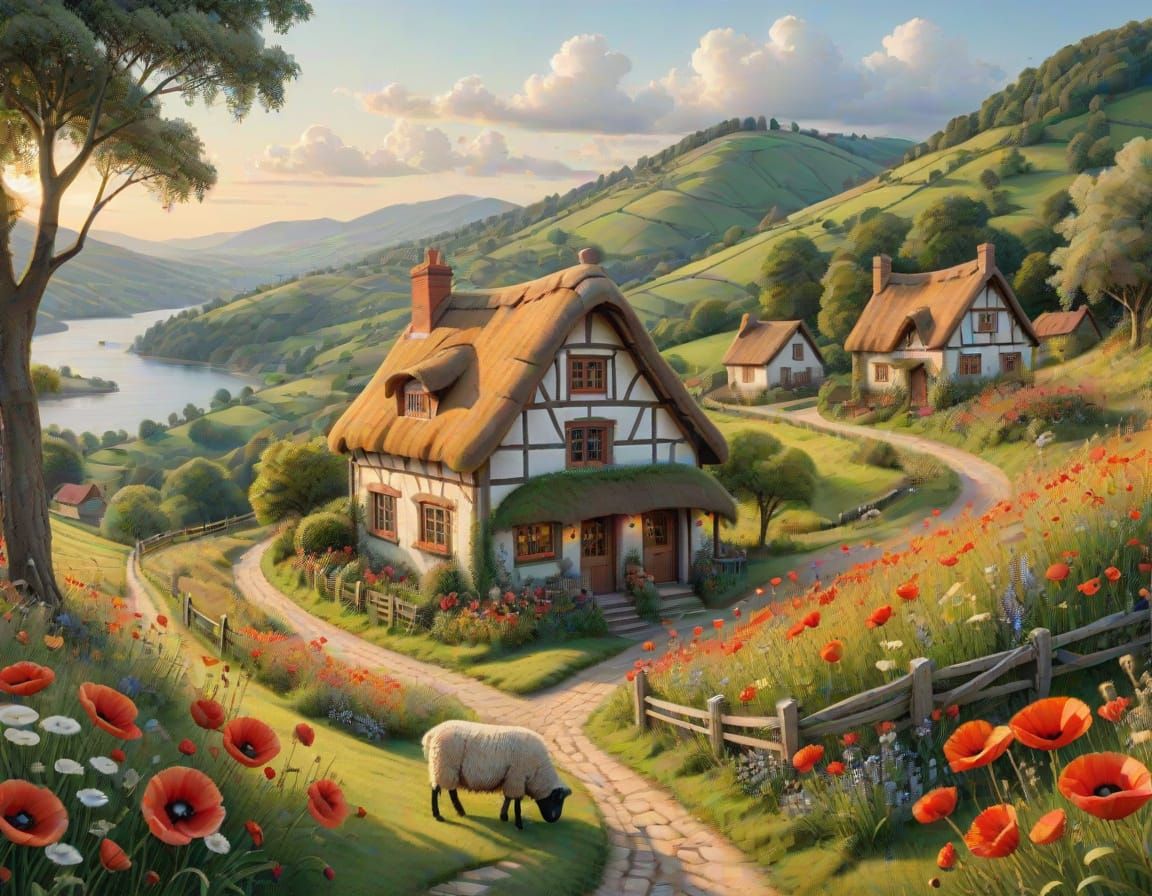Whimsical Embroidered Cottage Scene in Golden Hour