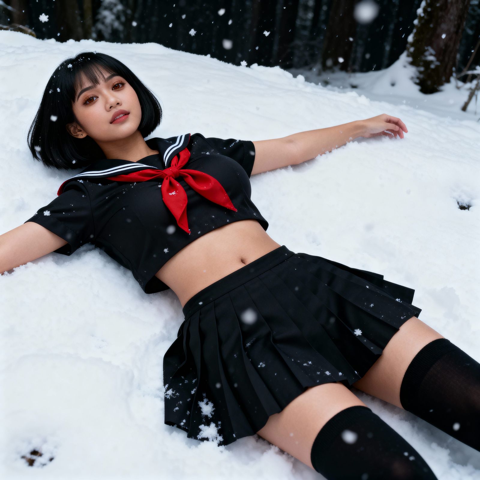 Woman Making Snow Angel in Snowy Forest
