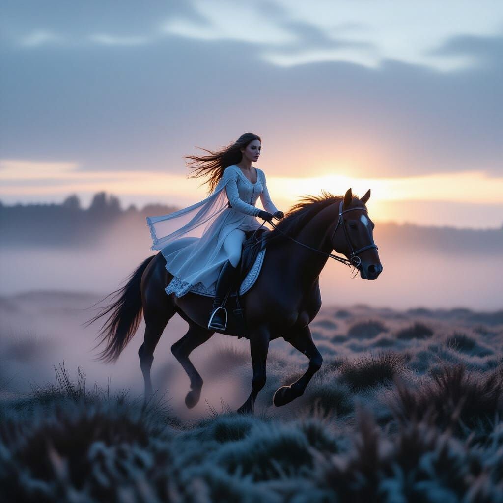 Ghostly Rider: Beautiful Woman on Horse at Dawn