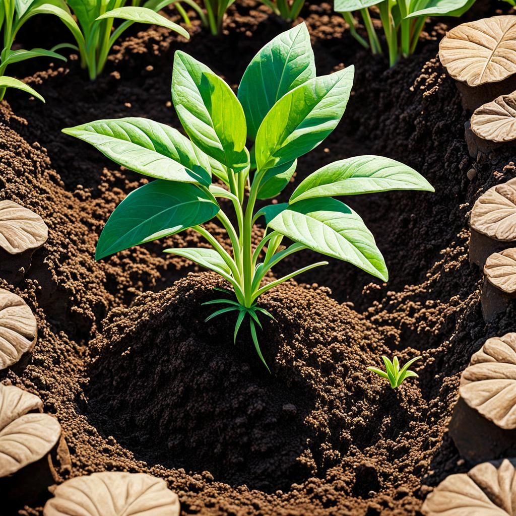 Solitary Seedling in Dirt Flowerbed as Oil Painting