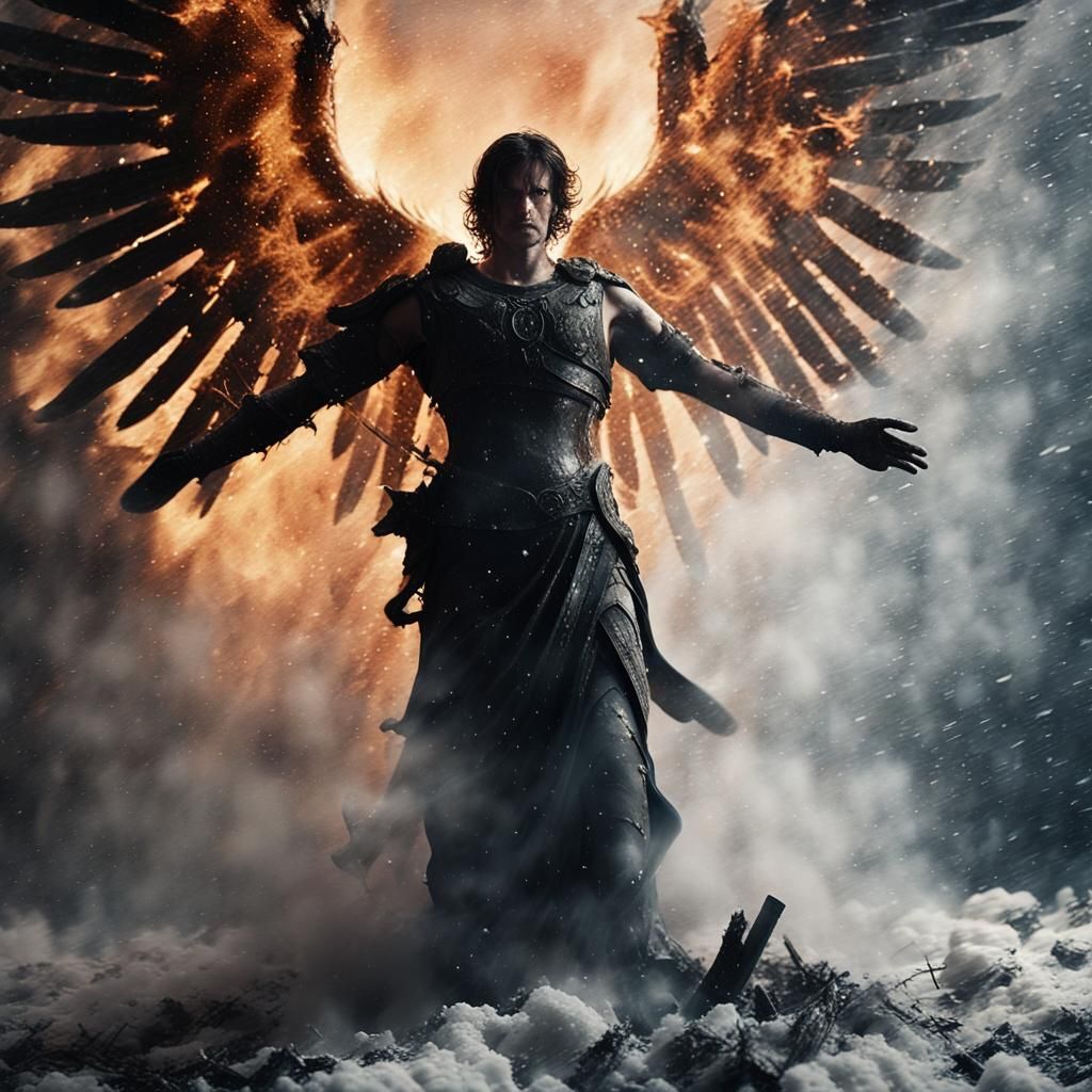 Archangel Michael Ablaze in Blizzard: Cinematic Masterpiece