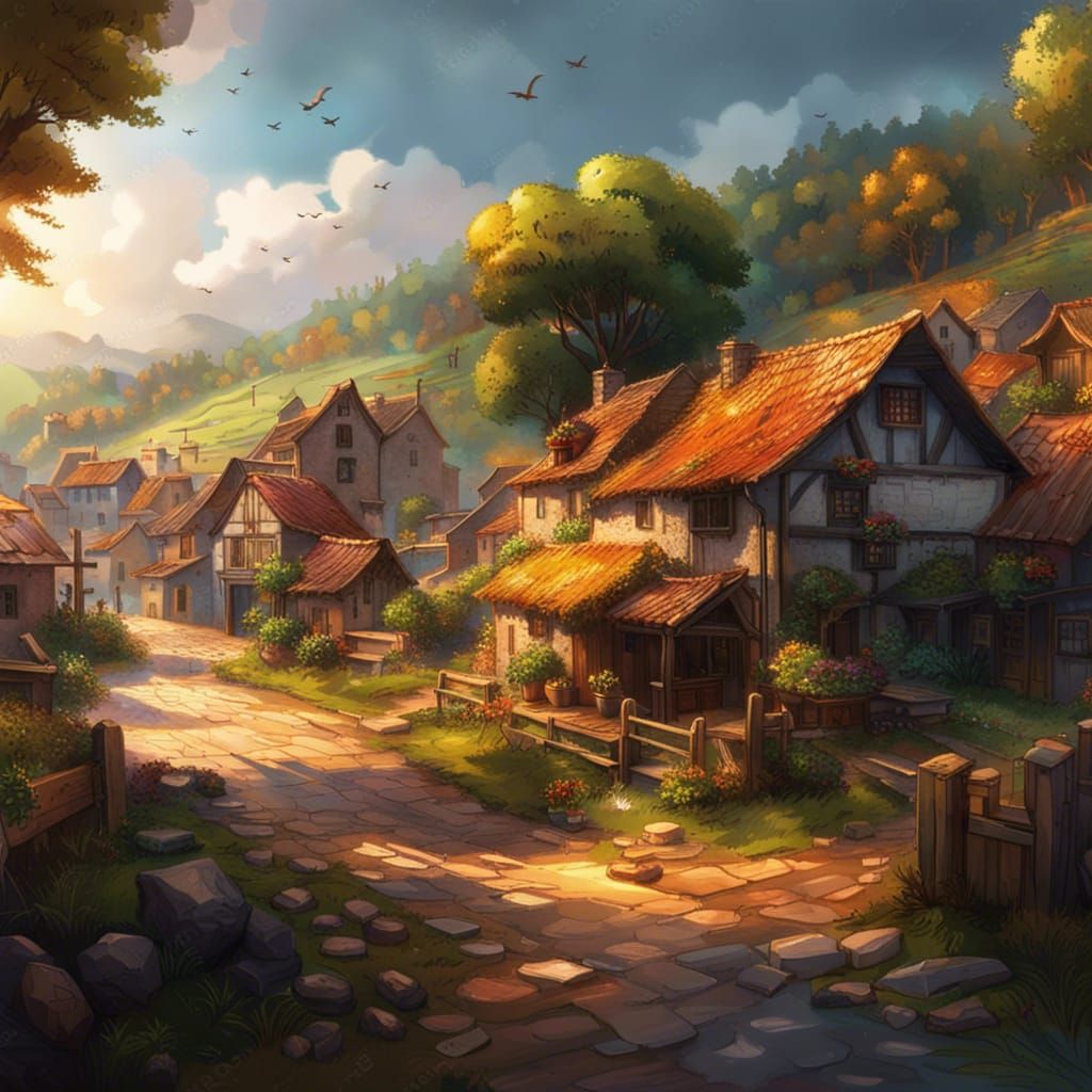 Hyperrealistic Countryside Village in Splash Art Style