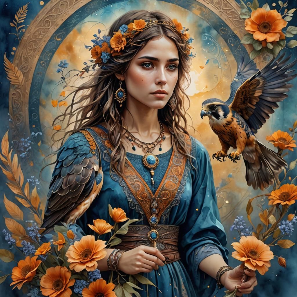 Bohemian Girl with Falcon in Mystical 3D Art