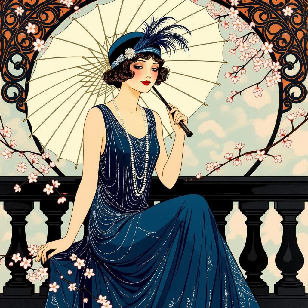 Flapper Girl with Parasol in Art Nouveau Style
