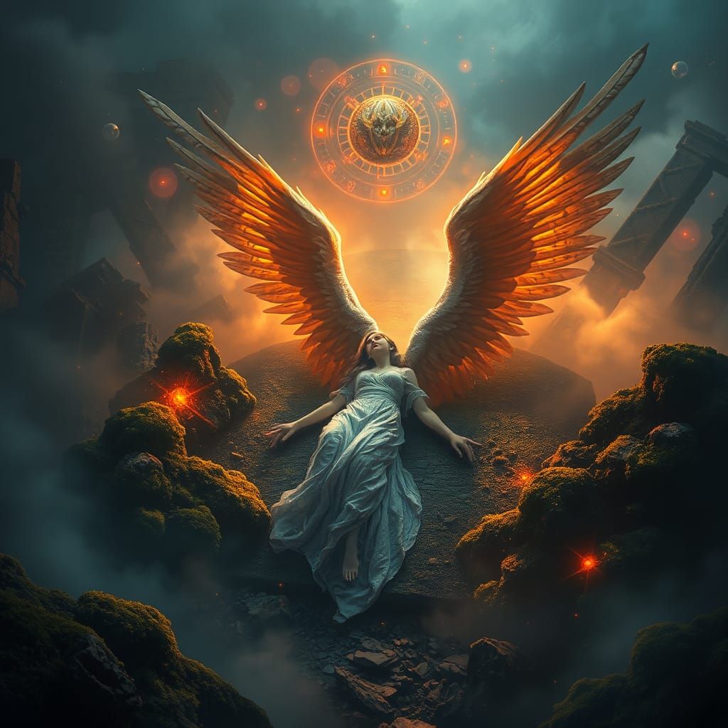 Majestic Fallen Angel in Mystical Landscape