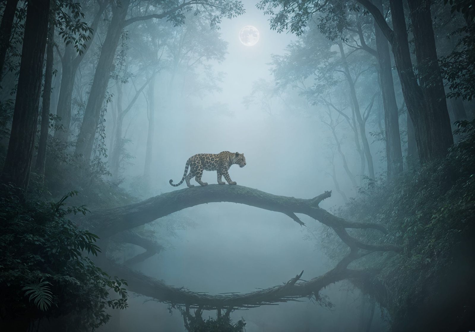 Majestic Jaguar in Foggy Jungle River Scene