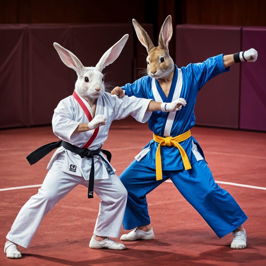 Rabbits doing Tae Kwon Do at the Olympics (Dreamshaper XL Al...