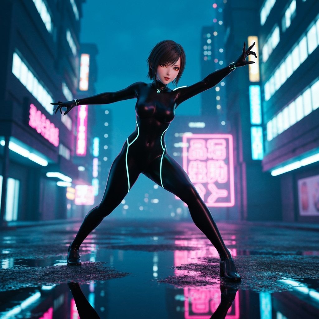 Zoey in Spandex Poses in Neon Cityscape