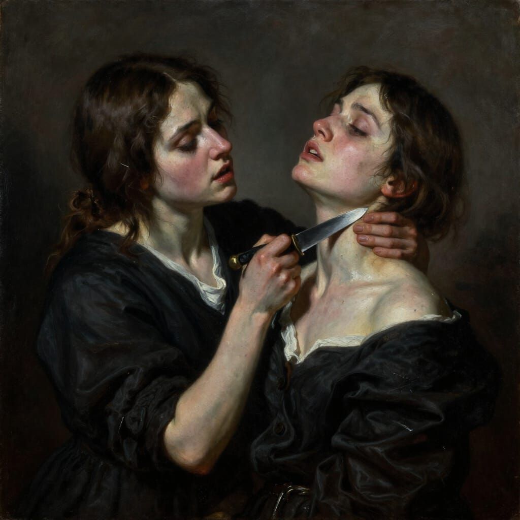 Tense Oil Painting of Girl Threatening Another