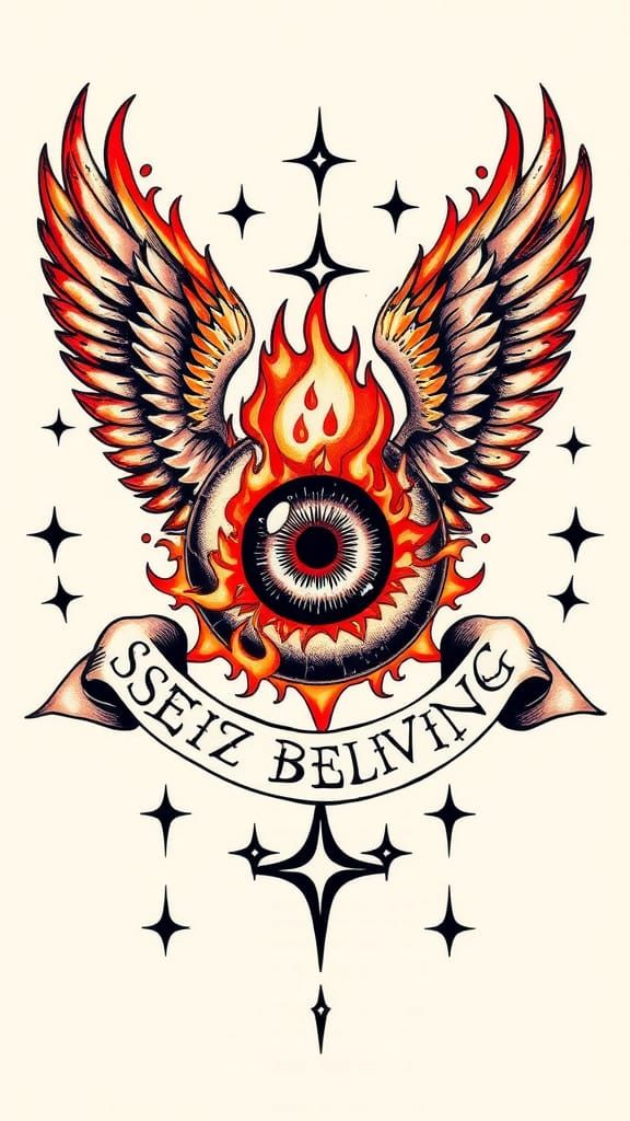 Ethereal Flame Eyeball Tattoo with Angel Wings and Scrolls