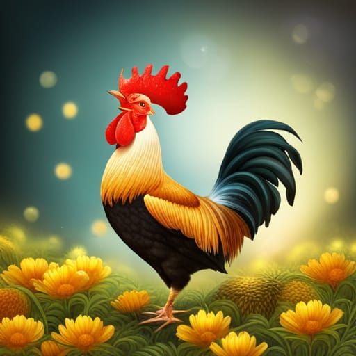 Rooster Crowned with Flowers in Glittery Magical Scene