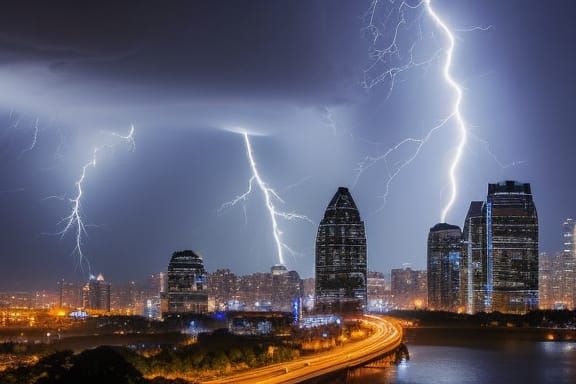 Metropolis Lightning Storm with Approaching Mothership