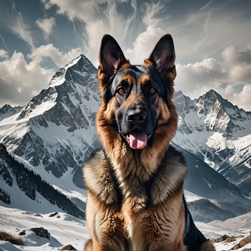 German Shepherd and Mountain Range Double Exposure